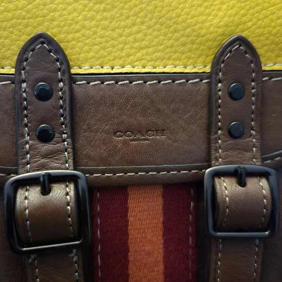 Coach Brown Leather Messenger Bag with Yellow Top and Red-Orange Stripe - Picture 2 of 8